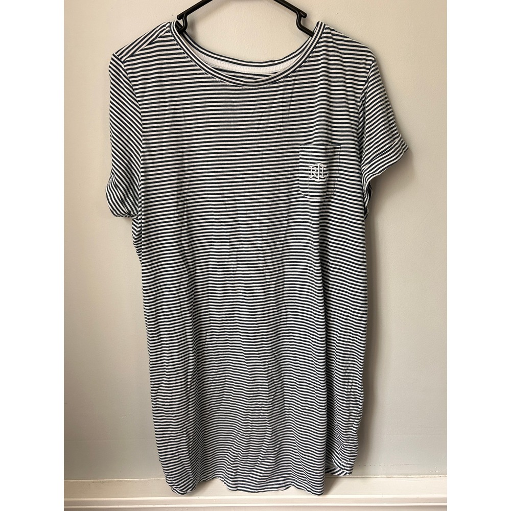 Lauren Ralph Lauren Navy White Striped Pocket T-Shirt Dress L Monogram Short Slv